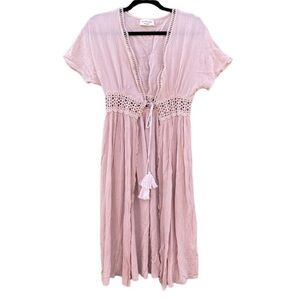 Lavender Field Boho Crochet Tie Front Cream Longline Cover Up Sz S